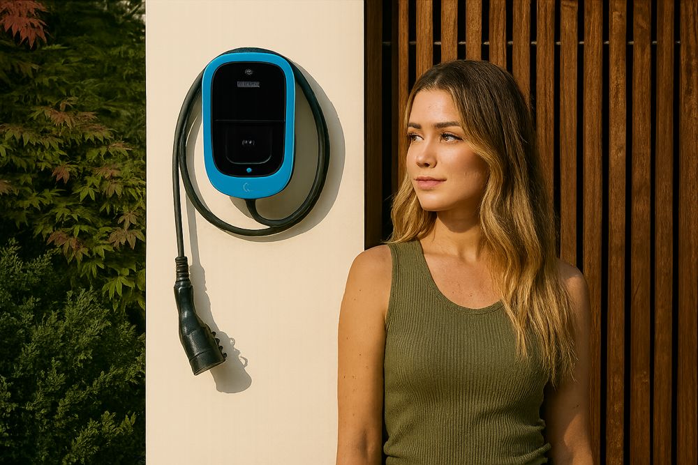 Orbis VIARIS UNI smart ladestation 22 kW med fast Type 2 kabel monteret på husmur